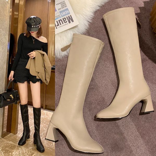 

brand 2020 autumn boots botas mujer new pointed toe thick high heel leather zipper fashion long motorcycle boots shoes, Black