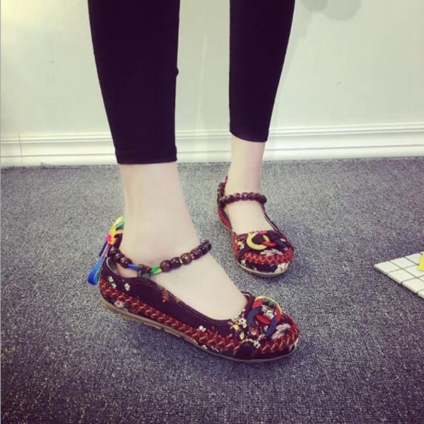

2020 plus size42 casual flat shoes women flats handmade beaded ankle straps loafers zapatos mujer retro ethnic embroidered shoes, Black