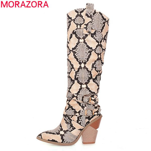 

boots morazora 2021 brand pu leather women thick high heels pointed toe ladies shoes fashion snake classics knee, Black