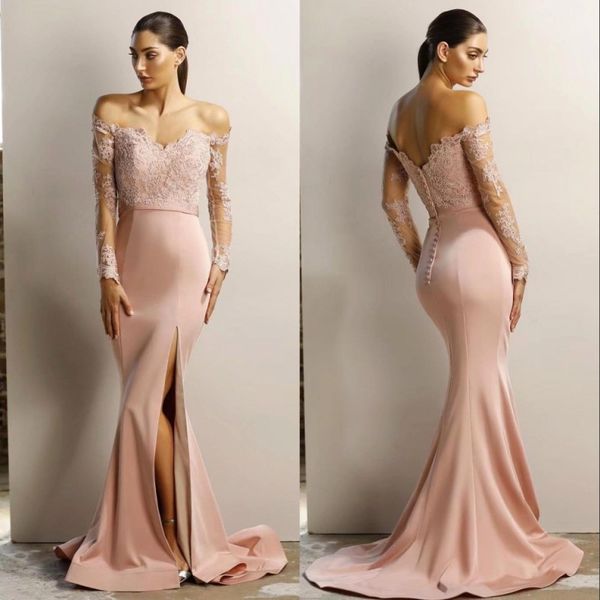 

Sparkly Dusty Pink Mermaid Prom Dresses Off the Shoulder Long Sleeves High Split Cheap Evening Pageant Celebrity Dress