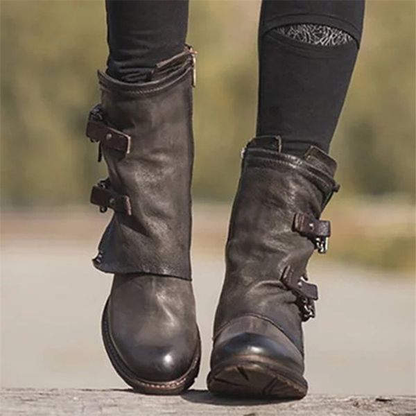 

2020 new woman winter shoes boots rain mid calf med square heels round toe retro casual zip buckle, Black