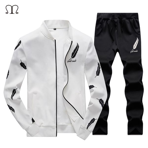 

2020 new fashion men sets feathers print black and white tracksuit sweatshirt two piece trousers male jacket + pants sportswear, Gray