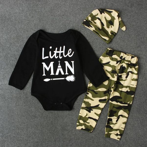 

newborn infant boys letter romper +camouflage pants cap outfits set baby boy clothes fashion august 8, White