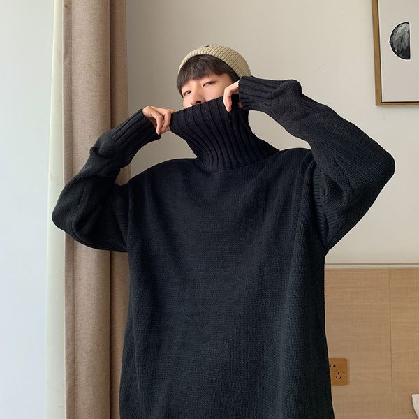 

men's sweaters autumn ins solid-colored high-collar bf korean trend of couples with bottom pure color male sweater, White;black