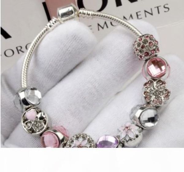 

fashion 925 sterling silver pink & purple sparkling drops flower bracelet crystal european charm beads fits designer charm bracelets & bangl, Golden;silver