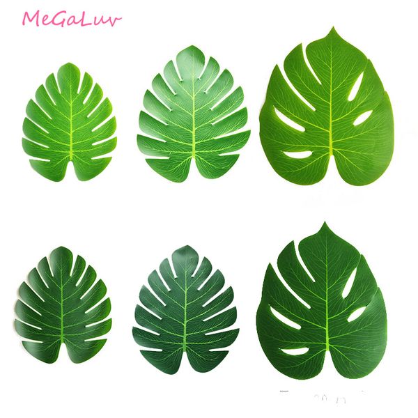 

6 pcs/set artificial tropical palm leaves hawaiian party table simulated turtle leaves plate pad luau party decoration