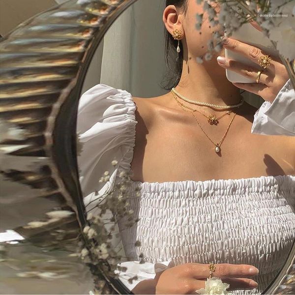 

shirts fashion panelled puff sleeve t-shirts casual square neck natural color t shirts women clothes womens designer t, White