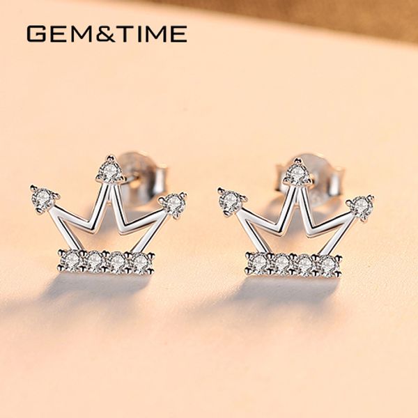 

gem&time real sterling silver 925 stud earrings cubic zirconia crowun crystal earrings for women korean 2020 new jewelry se0256, Golden;silver