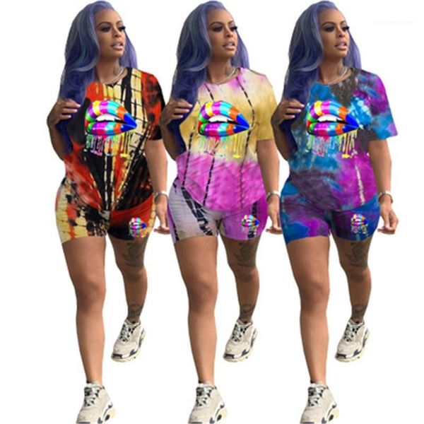 

piece suits lip tie-dye print women sets fashion summer casual tracksuits female short sleeve clothing sets street hipster shorts two, Gray
