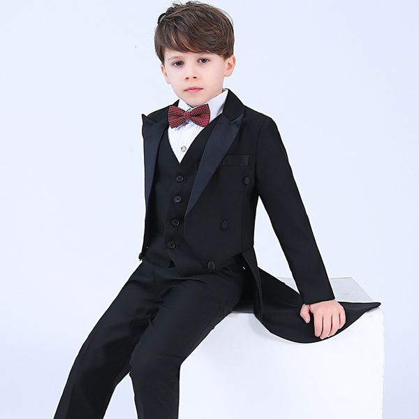 

formal boys tuxedo set children wedding host piano performance party costume kids long blazer vest shirts pants bowtie outfits, Blue