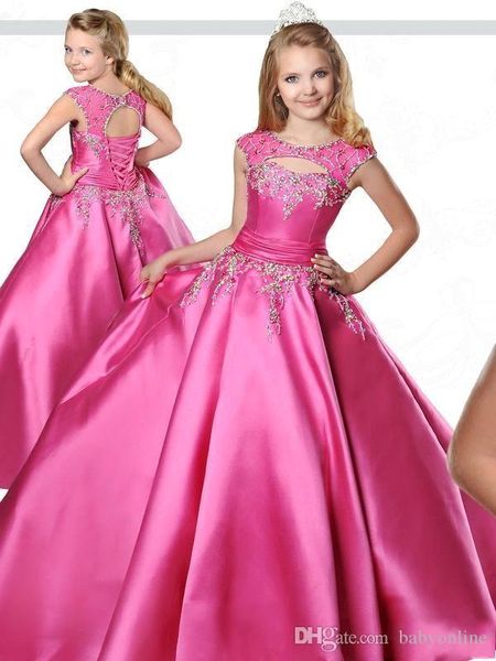 

Elegant Fuchsia Girls Pageant Dresses Crew Neck Ball Gown Flower Girls Dress with Lace Up Back Beaded Floor Length Formal Dress For Teens