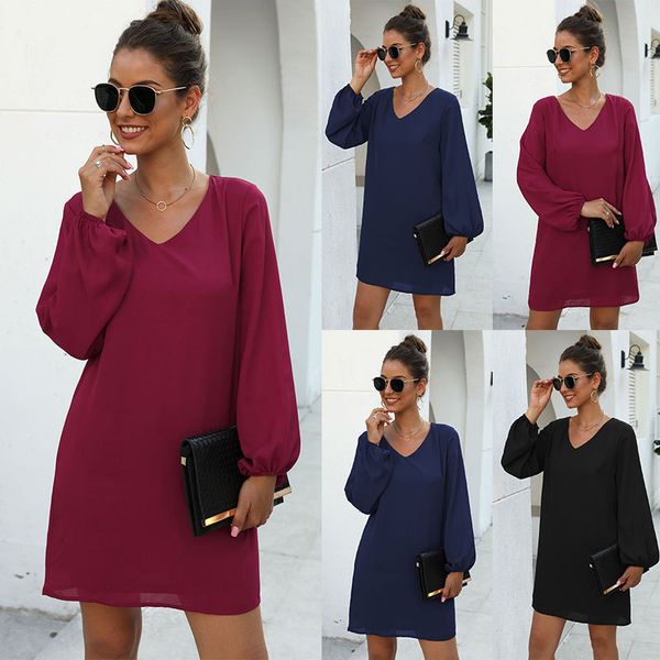 

autumn 2019 new cross-border european and american womens ins selling v-neck puff sleeve a- line dress, White;black