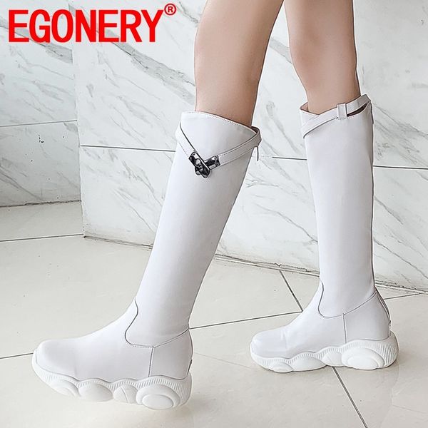 

egonery winter new concise casual knee high boots outside comfortable mid heels platform round toe women shoes drop shipping, Black