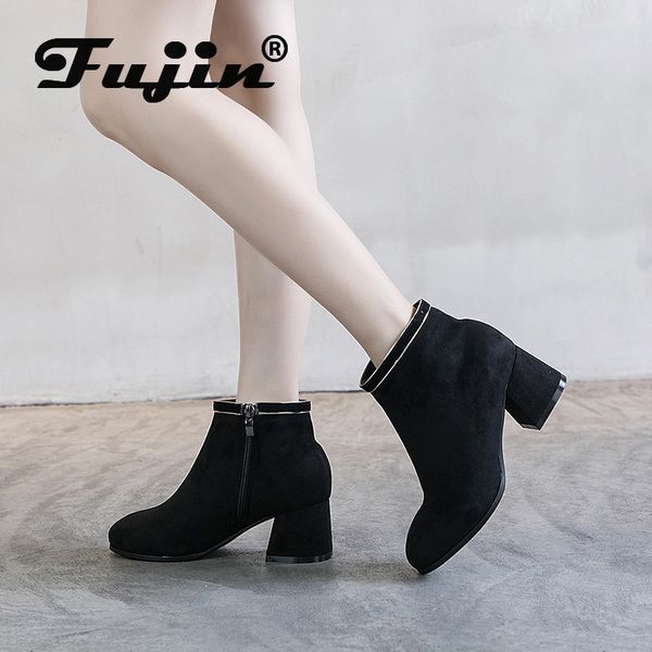 

fujin genuine leather soft women ankle boots with square high heel zipper comfortable winter boots women plush inside warm shoes, Black