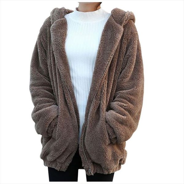 

women hoodies zipper girl winter loose fluffy bear ear hoodie hooded jacket warm outerwear coat cute sweatshirt, Black