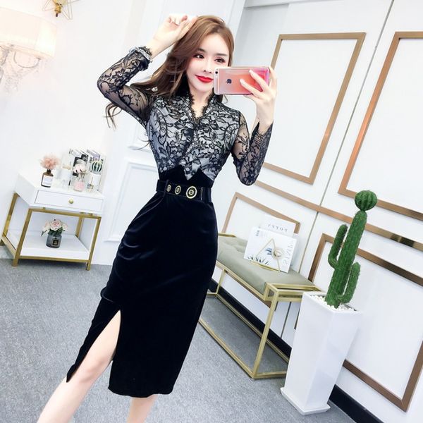 

women dreses2020 new fashion velvet lace long sleeve high waist slim slimming split hip dress women, White;black