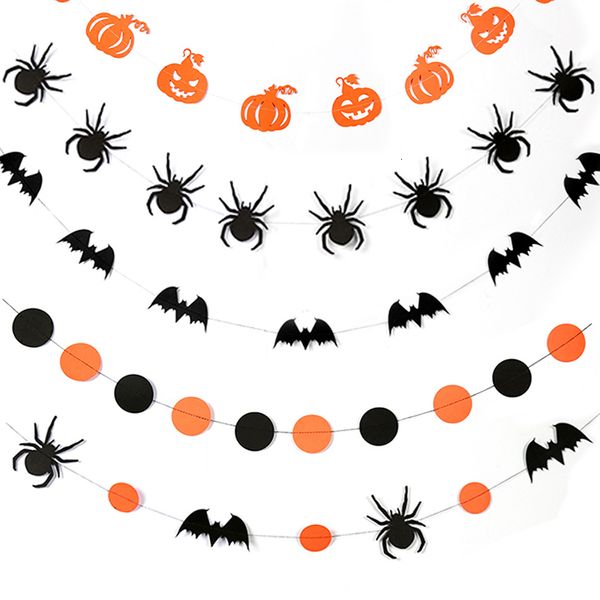 

4m orange/black paper hanging flag halloween decoration prop round spider pumpkin bat bunting banners halloween party supplies