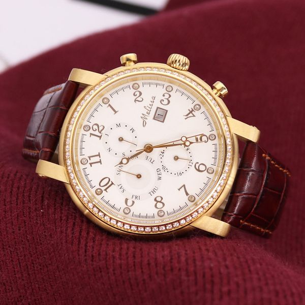 

real multi-function isa mov't melissa men's watch all steel fashion hours real leather bracelet clock boy's birthday gift, Slivery;brown