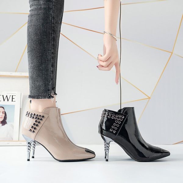 

boots rivets pointed toe leather stiletto thin-heel women's shoes ankle, Black