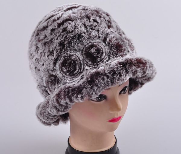 

real rex fur cap for women autumn winter fashion stripe floral brown gray fur knitted hat with h429, Blue;gray