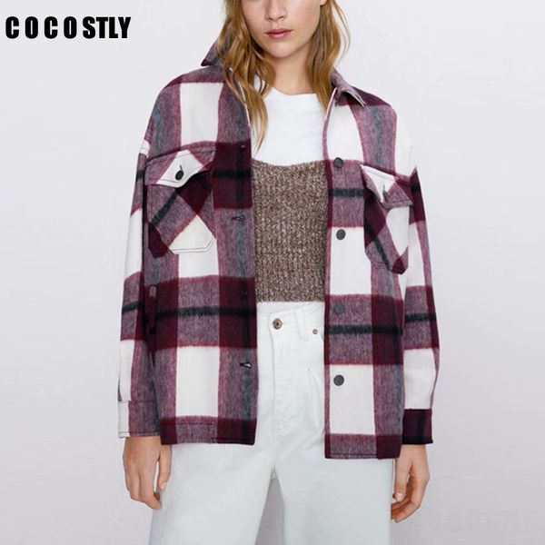 

2020 autumn women plaid wool blouse gothic checked oversized woolen shirt thick ladies vintage chic blusas, White