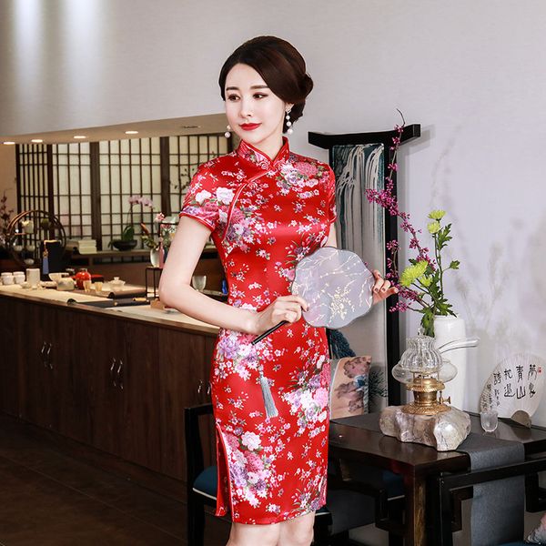 Sheng Coco 6XL красные цветы Cheongsam Китайские короткие платья улучшения древнего китайского китайского традиционного платья атлас Qi Pao 5xl