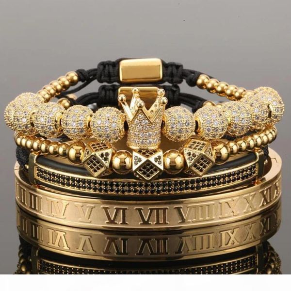 

4pcs set gold hip hop hand made bead bracelet men copper pave cz zircon crown roman numeral bracelets & bangles jewelry, Golden;silver