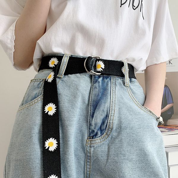

new canvas belts small daisies printed double buckle punk waist strap women men teenager long wide white belt, Black;brown