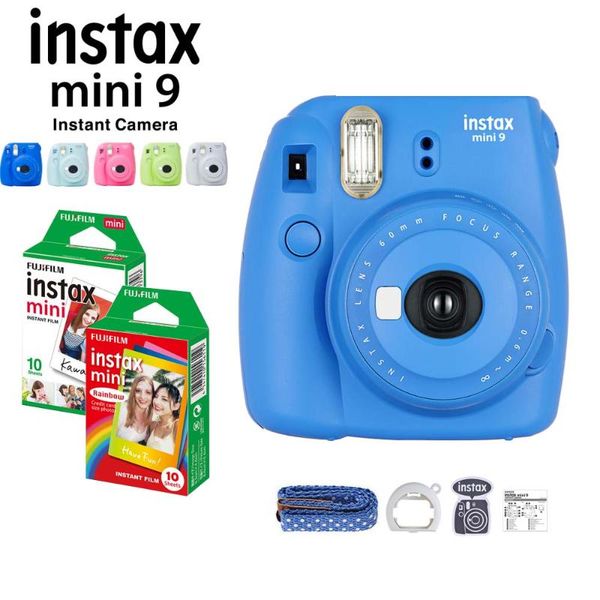 

film cameras 5 colors instax mini 9 instant camera + fuji white/rainbow 20pcs po paper close-up lens strap