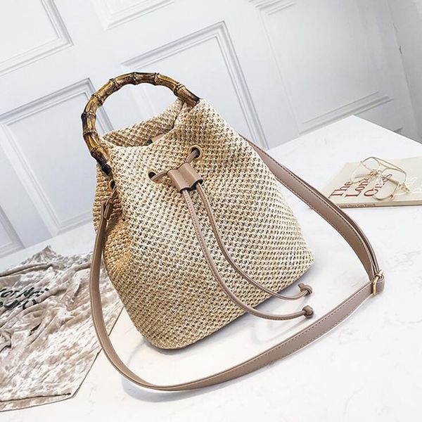 

drawstring women's straw bucket bag summer woven shoulder bags shopping purse beach handbag straw handbags travel bag l198