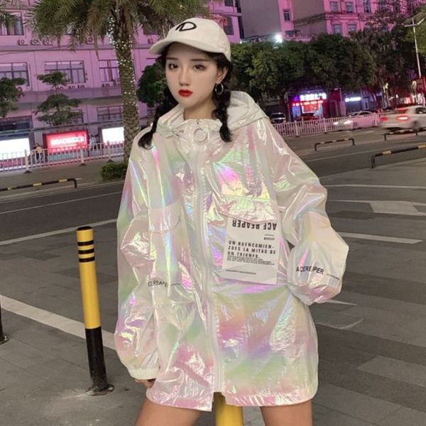 

loose coat harajuku riverdale holographic tunic basic women long jacket beveste femme personalities sunscreen clothes, Black