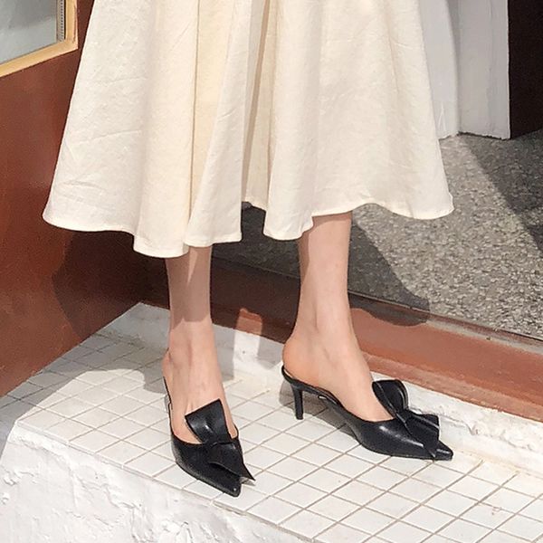 

2020 new pointed toe red high heel thin heels muller slippers summer women shoes woman fashion 6cm high heel slippers, Black
