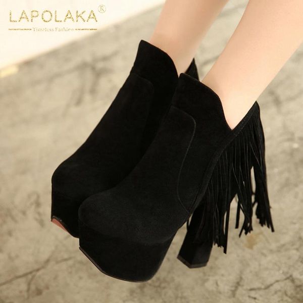 

boots lapolaka 2021 design female flock rubber sole thin heels round toe zip solid super high heel ankle, Black