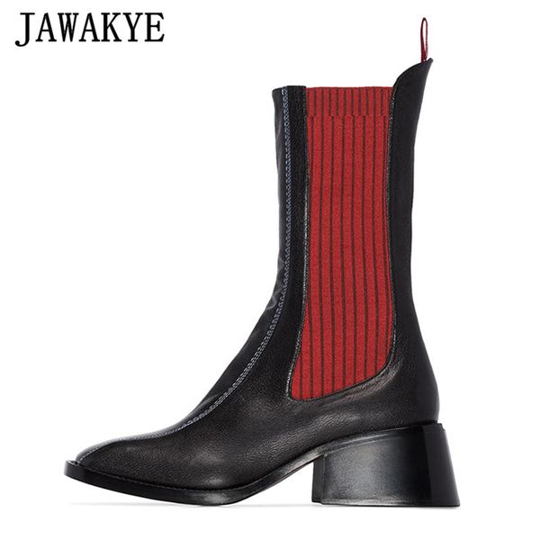 

retro patchwork elastic boots women square toe chunky heels mid calf boots runway slip on winter shoes real leather shoes woman, Black