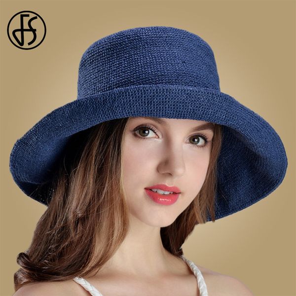 

fs 2020 new women's straw sun hat natural blue roll wide brim fisherman cap summer travel climbing beach foldable hats, Blue;gray