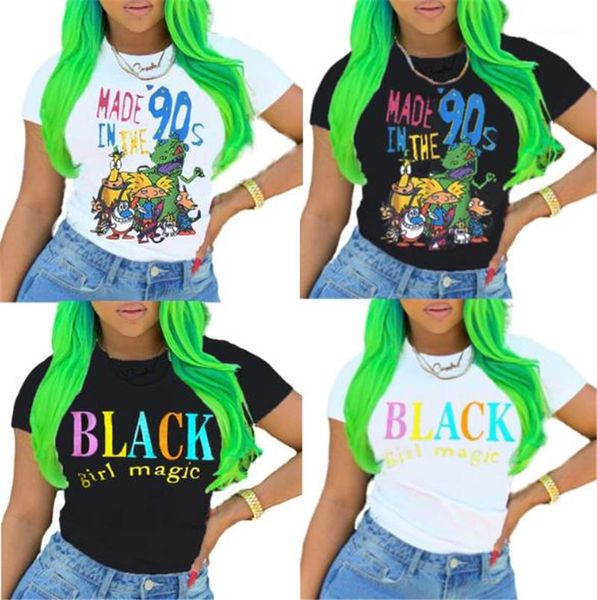 

tshirt casual solid color short sleeve colorful letter print tees summer girl cartoon printed women, White