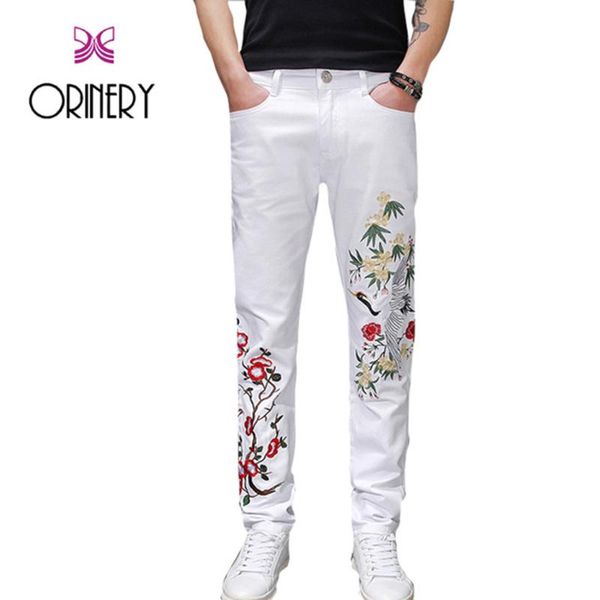 

orinery floral embroidy jeans men 2020 new designer white denim skinny men jeans full length trousers plus size, Blue