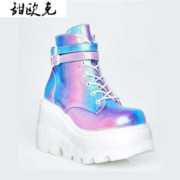 

2020 new winter women platform boots fashion thick bottom ankle boots wedges shoes woman lace up buckle ankle botas mujer, Black