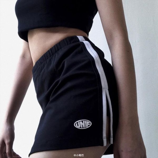 

korean trainning style black side split shorts skirts casual elastic waist contrast color women casual short shirts, White;black