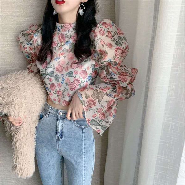 

women's blouses & shirts vintage style floral ruffles puff long sleeve turtleneck women short back zip-up lady crop, White