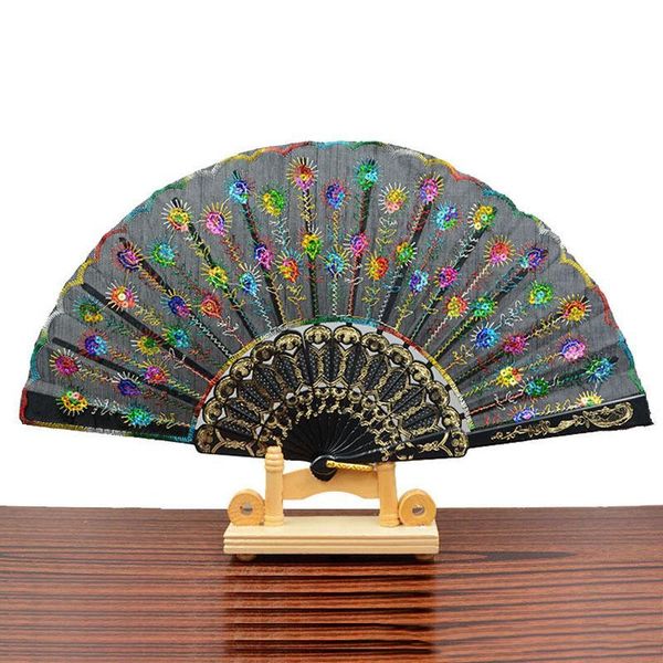 

складная блестка выберите дизайн inch ткань китайского peacock вышивка черное перо вентилятор многоцветной цветные 9 пластиковых ручная стил