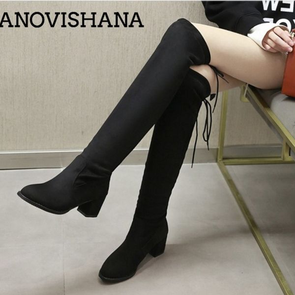 

anovishana женский толстый каблук зима высокие сапоги высокие каблуки женщин над коленом botas ботильоны mujer обувь зашнуровать b942, Black