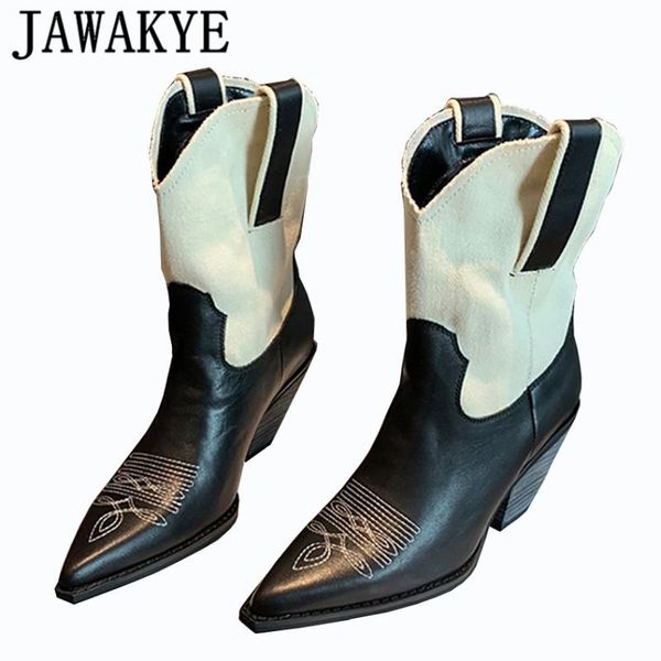 

new leather cowboy mid-calf boots for women pointy toe chunky heel winter shoes woman kitten heels patchwork short knight boots, Black