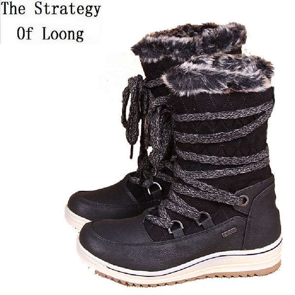 

winter outdoor korean style fashion plus size 41 42 waterproof plush women mid snow boots lady cross-tied mid-calf boots 191114, Black