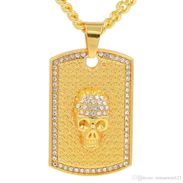 

hip hop skull tag gold pendants necklaces & pendants bling bling iced out crystal necklaces stainless steel rope chain, Silver