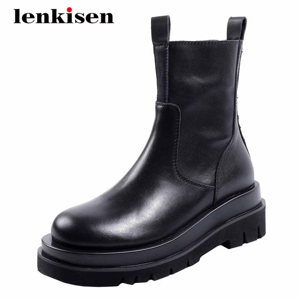 

lenkisen new large size genuine leather coolest platform vintage thick high heel round toe zipper street punk mid-calf boots l07, Black