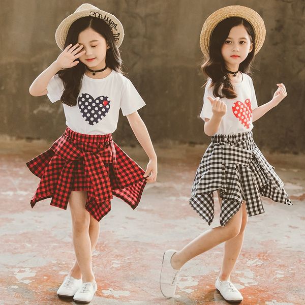 

summer girls clothing sets 2020 children short sleeve t-shirt+plaid dress 2pcs kids outfits girls clothes set 4 6 8 10 12 years, White