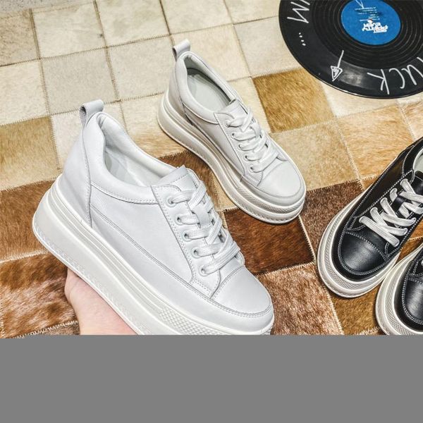 

leather increased 7cm women's shoes sneakers white shoes 2020 autumn new wild cowhide casual 34 size platform ladies, Black