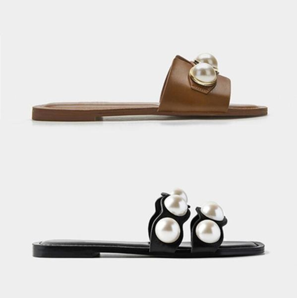 

est brand designer women slippers 2020 europe fashion pearl flat shoes lady outdoor beach sandals slippers, Black