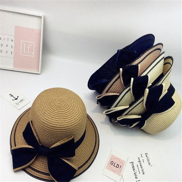 

summer holiday beach straw hats fashion big bow knot children hat personality design girls trendy cap sunscreen charm female brand hat, Blue;gray